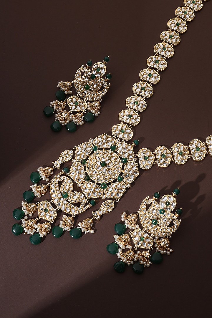 Gold Finish Green Kundan Polki Long Necklace Set by Swabhimann Jewellery at Pernia's Pop Up Shop
