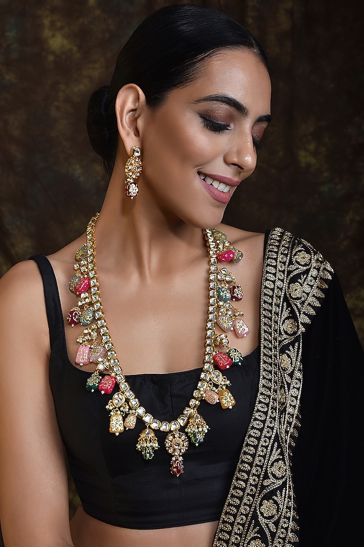 Gold Finish Multi-Colored Kundan Polki Long Necklace Set by Swabhimann Jewellery at Pernia's Pop Up Shop