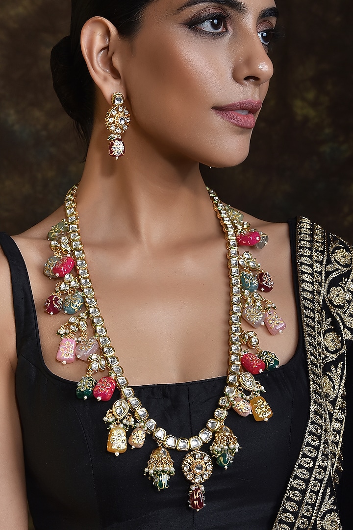 Gold Finish Multi-Colored Kundan Polki Long Necklace Set by Swabhimann Jewellery at Pernia's Pop Up Shop