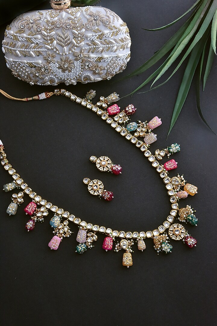 Gold Finish Multi-Colored Kundan Polki Long Necklace Set by Swabhimann Jewellery at Pernia's Pop Up Shop