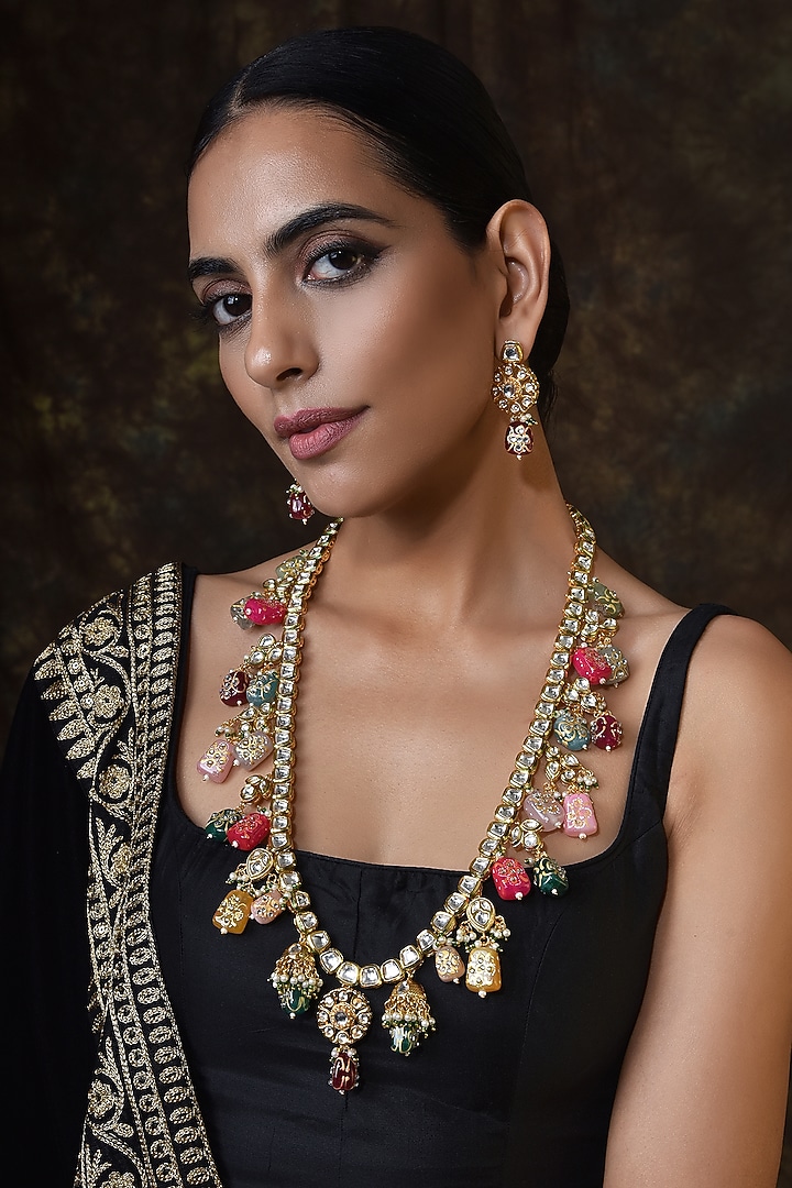 Gold Finish Multi-Colored Kundan Polki Long Necklace Set by Swabhimann Jewellery at Pernia's Pop Up Shop