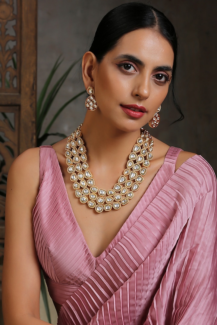 Gold Finish Red Kundan Polki Long Necklace Set by Swabhimann Jewellery at Pernia's Pop Up Shop