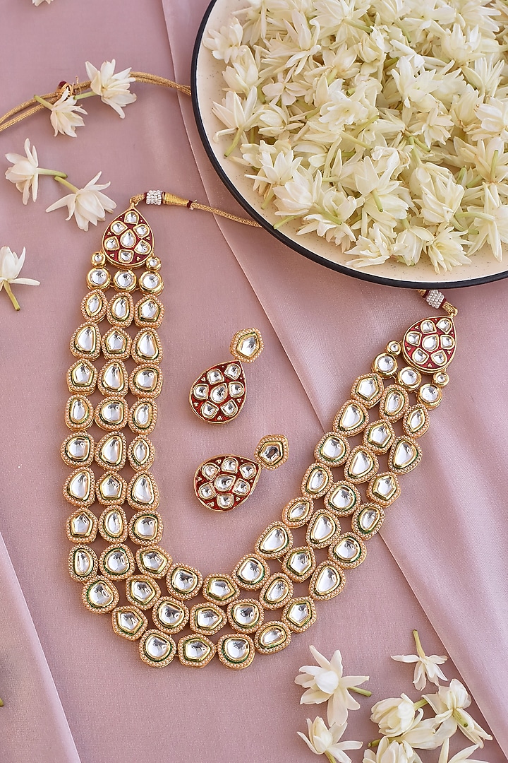 Gold Finish Red Kundan Polki Long Necklace Set by Swabhimann Jewellery at Pernia's Pop Up Shop