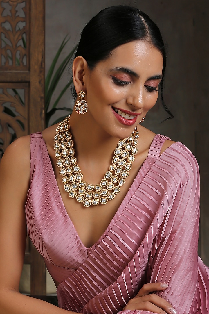 Gold Finish Red Kundan Polki Long Necklace Set by Swabhimann Jewellery at Pernia's Pop Up Shop