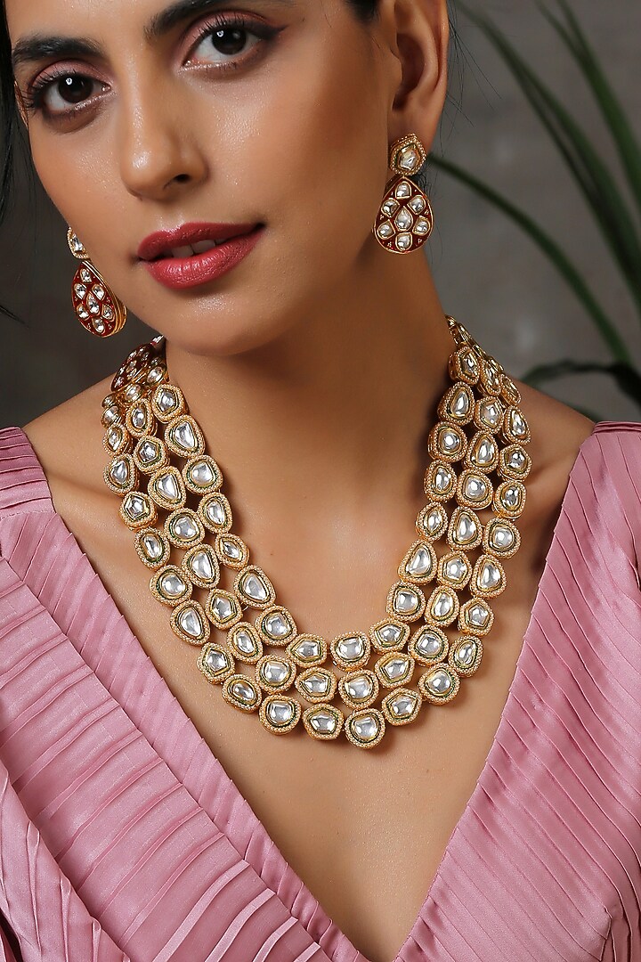 Gold Finish Red Kundan Polki Long Necklace Set by Swabhimann Jewellery at Pernia's Pop Up Shop