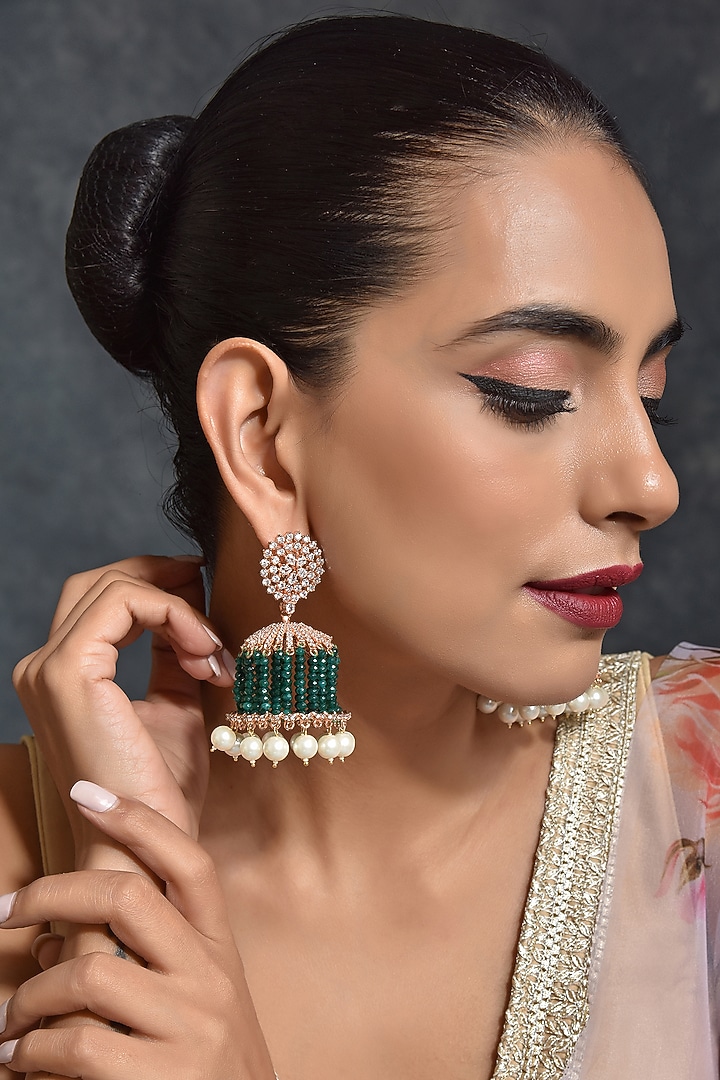 Rose Gold Finish Zircon Jhumka Earrings by Swabhimann Jewellery at Pernia's Pop Up Shop