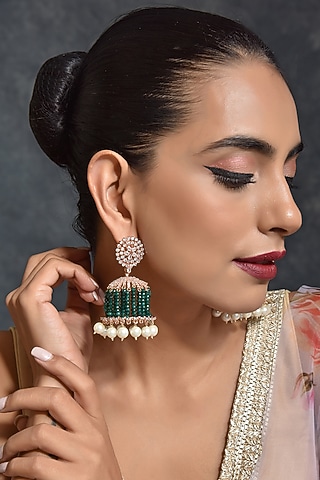 Rose Gold Finish Zircon Jhumka Earrings by Swabhimann Jewellery