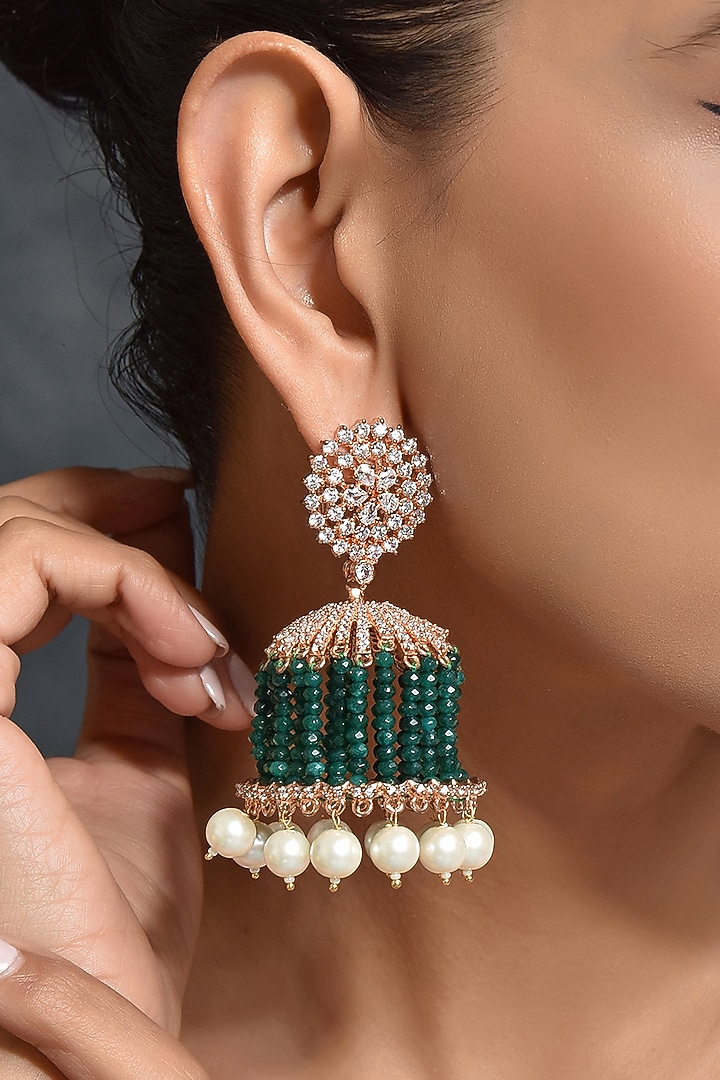Rose Gold Finish Zircon Jhumka Earrings by Swabhimann Jewellery at Pernia's Pop Up Shop