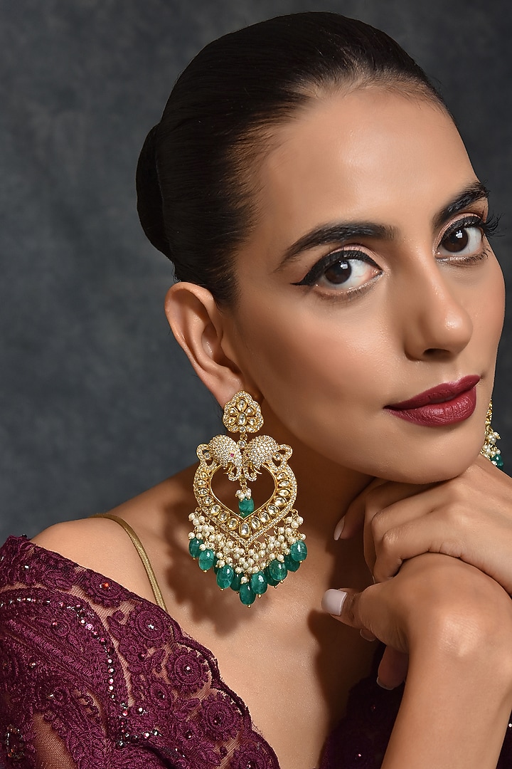 Gold Finish Green Kundan Polki Chandbali Earrings by Swabhimann Jewellery at Pernia's Pop Up Shop