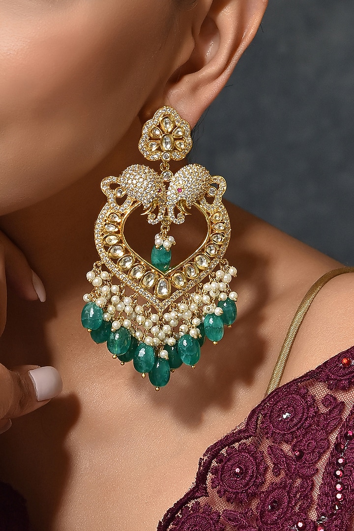 Gold Finish Green Kundan Polki Chandbali Earrings by Swabhimann Jewellery at Pernia's Pop Up Shop