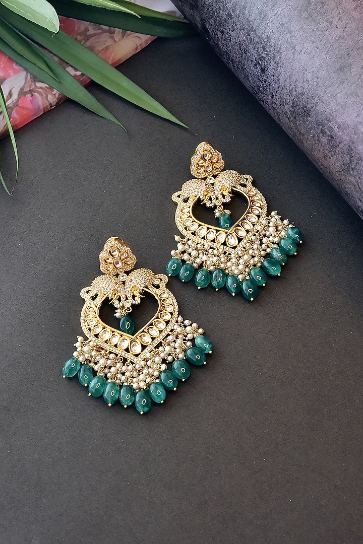 Gold Finish Green Kundan Polki Chandbali Earrings by Swabhimann Jewellery at Pernia's Pop Up Shop