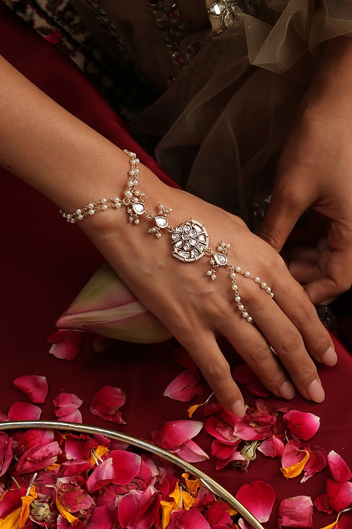 Rose Gold Finish Kundan Polki Adjustable Hathphool by Swabhimann Jewellery at Pernia's Pop Up Shop
