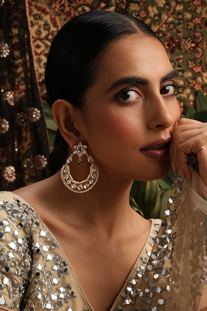 Gold Finish Green Kundan Polki Chandbali Earrings by Swabhimann Jewellery at Pernia's Pop Up Shop