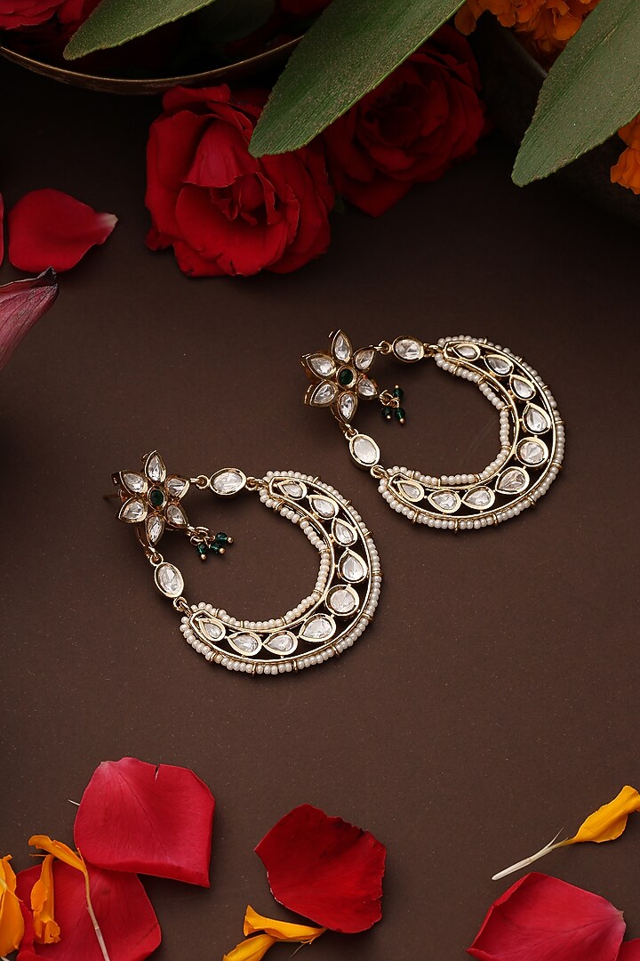 Gold Finish Green Kundan Polki Chandbali Earrings by Swabhimann Jewellery at Pernia's Pop Up Shop