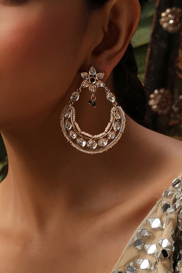 Gold Finish Green Kundan Polki Chandbali Earrings by Swabhimann Jewellery at Pernia's Pop Up Shop