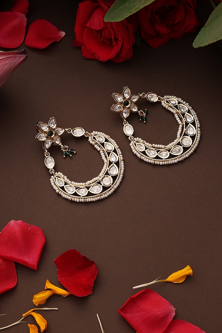 Gold Finish Green Kundan Polki Chandbali Earrings by Swabhimann Jewellery at Pernia's Pop Up Shop
