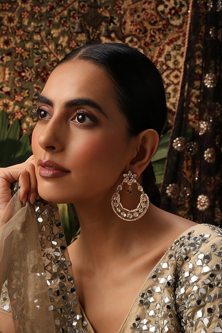Gold Finish Green Kundan Polki Chandbali Earrings by Swabhimann Jewellery at Pernia's Pop Up Shop
