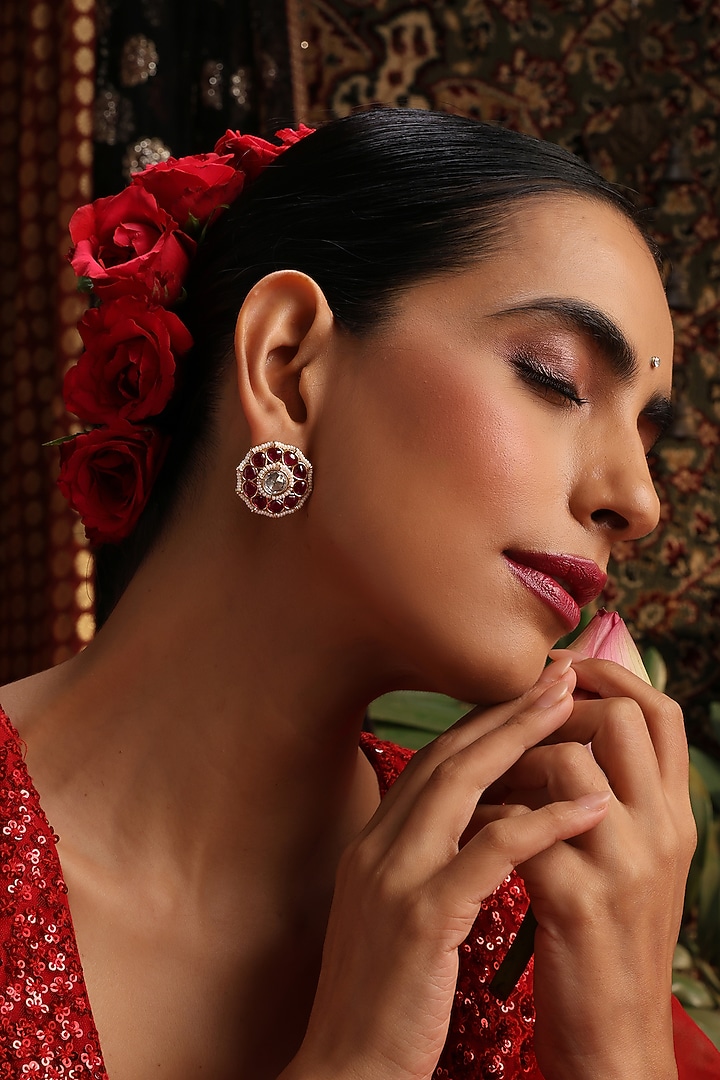 Gold Finish Red Kundan Polki Stud Earrings by Swabhimann Jewellery at Pernia's Pop Up Shop