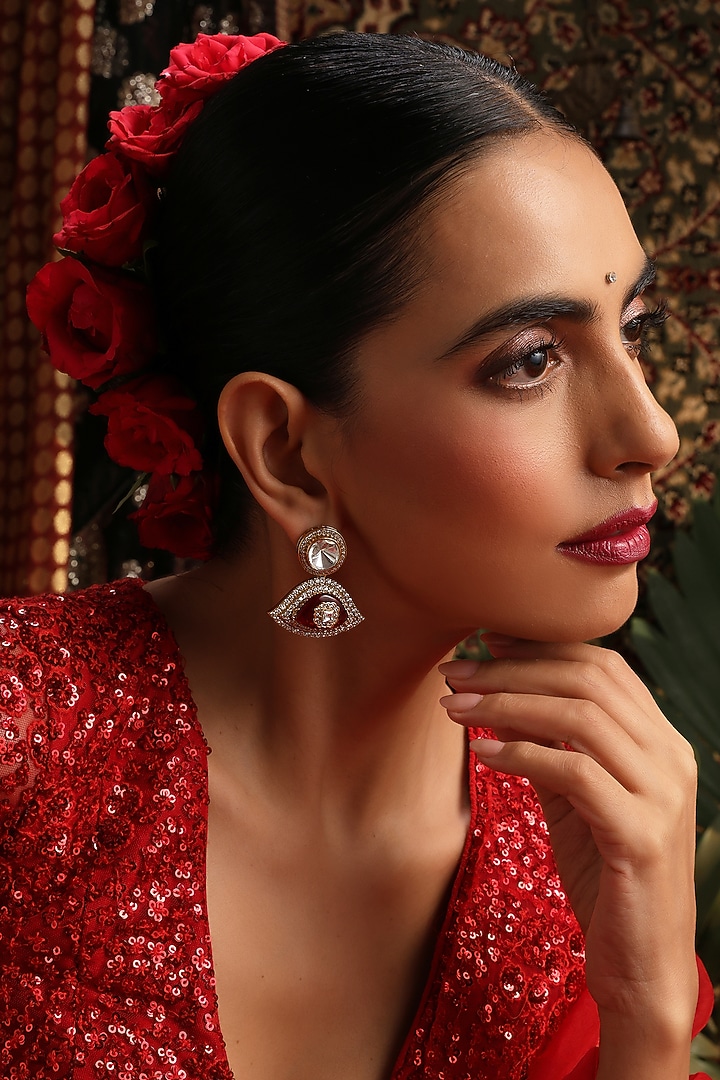 Gold Finish Ruby Red Kundan Polki Stud Earrings by Swabhimann Jewellery at Pernia's Pop Up Shop