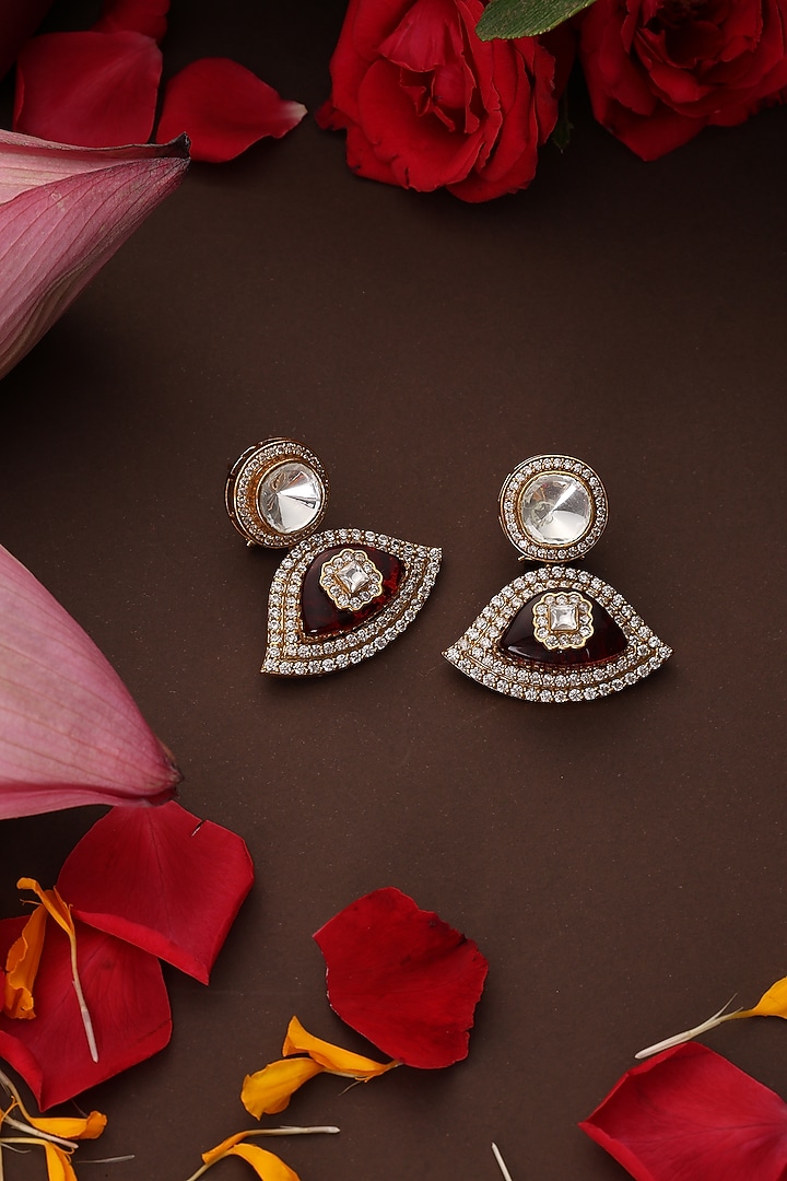 Gold Finish Ruby Red Kundan Polki Stud Earrings by Swabhimann Jewellery at Pernia's Pop Up Shop