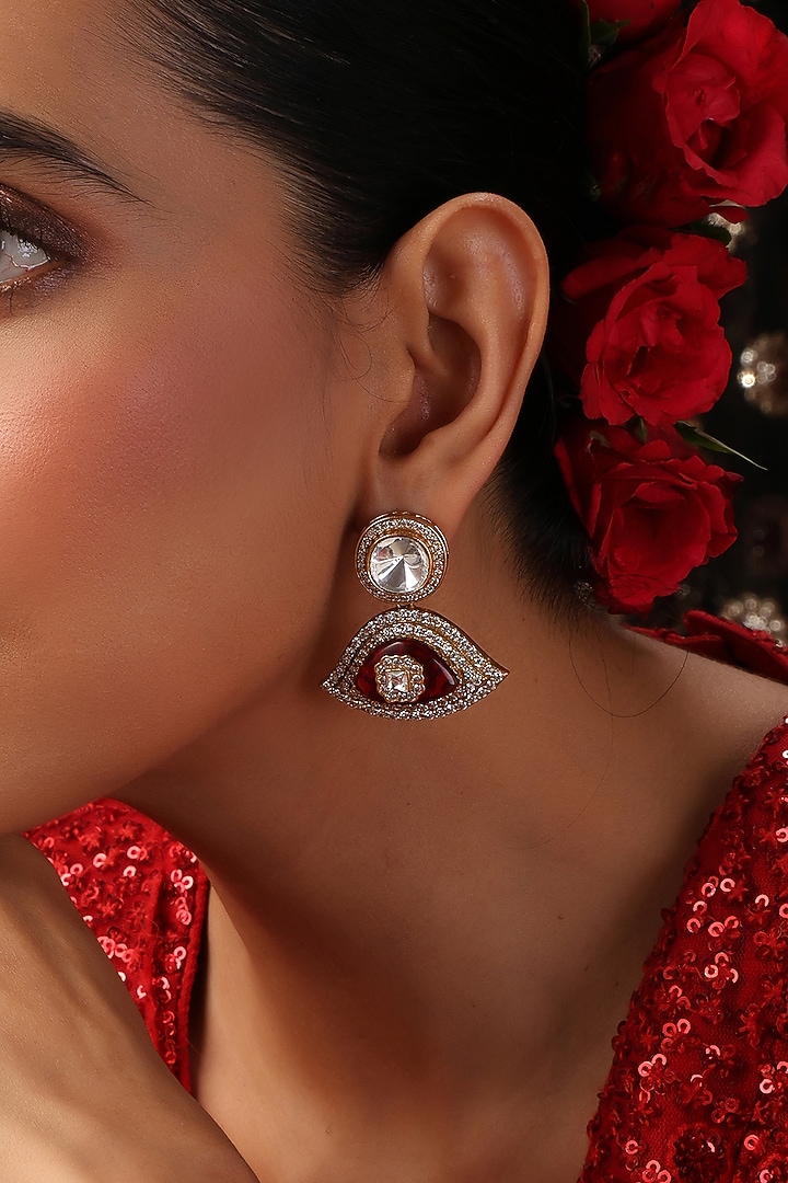 Gold Finish Ruby Red Kundan Polki Stud Earrings by Swabhimann Jewellery at Pernia's Pop Up Shop