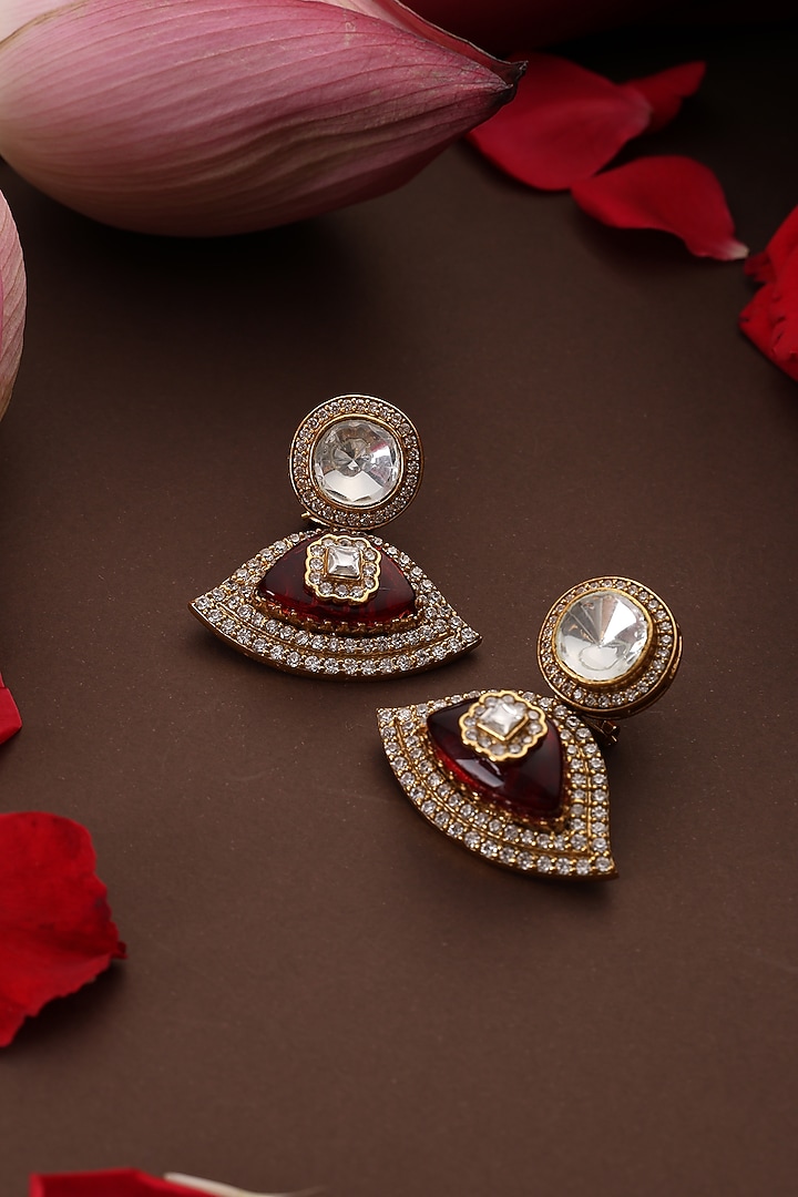 Gold Finish Ruby Red Kundan Polki Stud Earrings by Swabhimann Jewellery at Pernia's Pop Up Shop