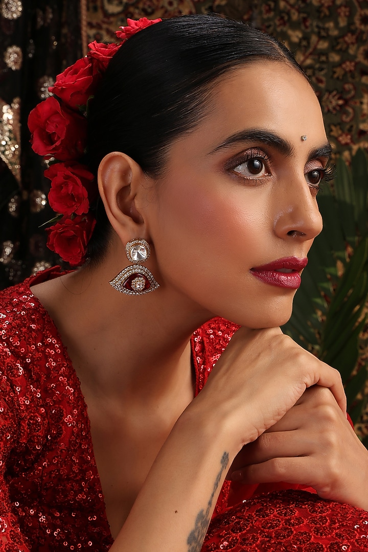 Gold Finish Ruby Red Kundan Polki Stud Earrings by Swabhimann Jewellery at Pernia's Pop Up Shop