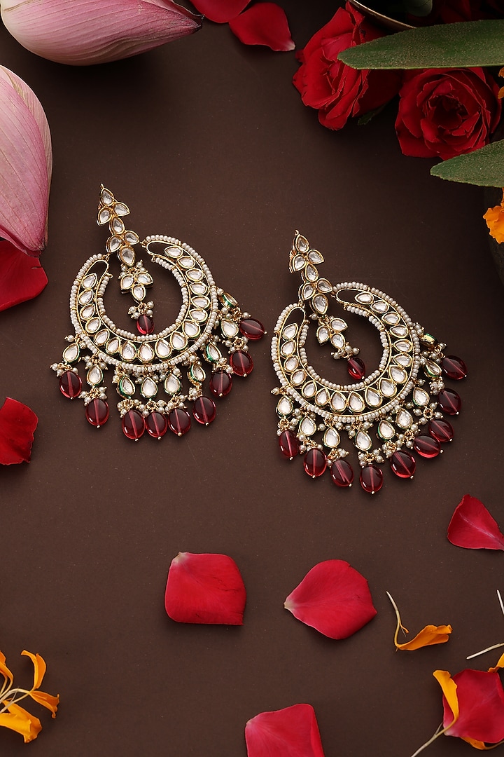 Gold Finish Red Kundan Polki Chandbali Earrings by Swabhimann Jewellery at Pernia's Pop Up Shop