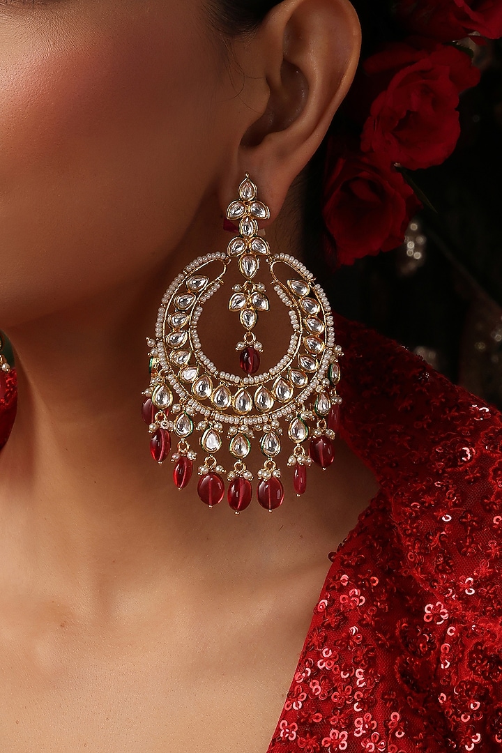 Gold Finish Red Kundan Polki Chandbali Earrings by Swabhimann Jewellery at Pernia's Pop Up Shop