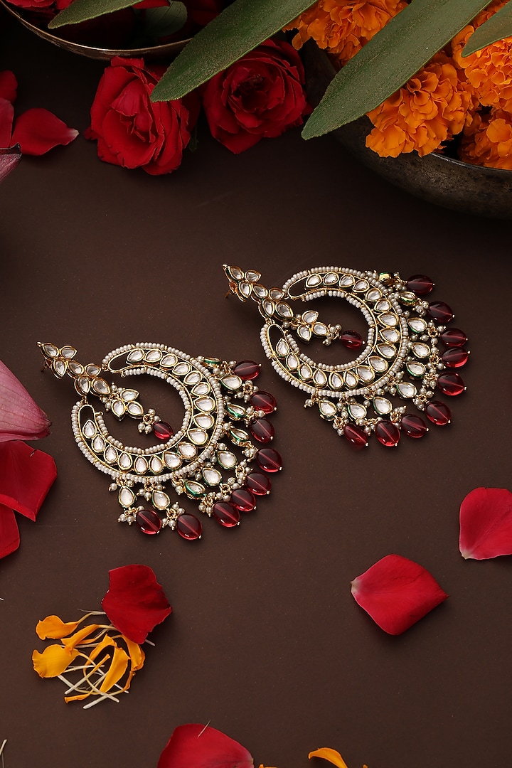Gold Finish Red Kundan Polki Chandbali Earrings by Swabhimann Jewellery at Pernia's Pop Up Shop