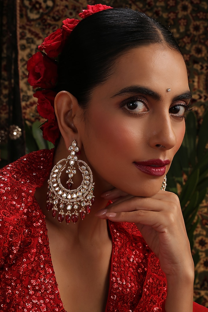 Gold Finish Red Kundan Polki Chandbali Earrings by Swabhimann Jewellery at Pernia's Pop Up Shop