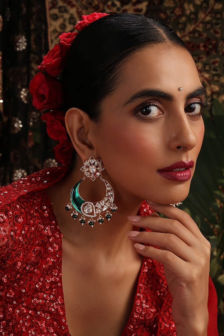 Rose Gold Finish Green Kundan Polki Chandbali Earrings by Swabhimann Jewellery at Pernia's Pop Up Shop