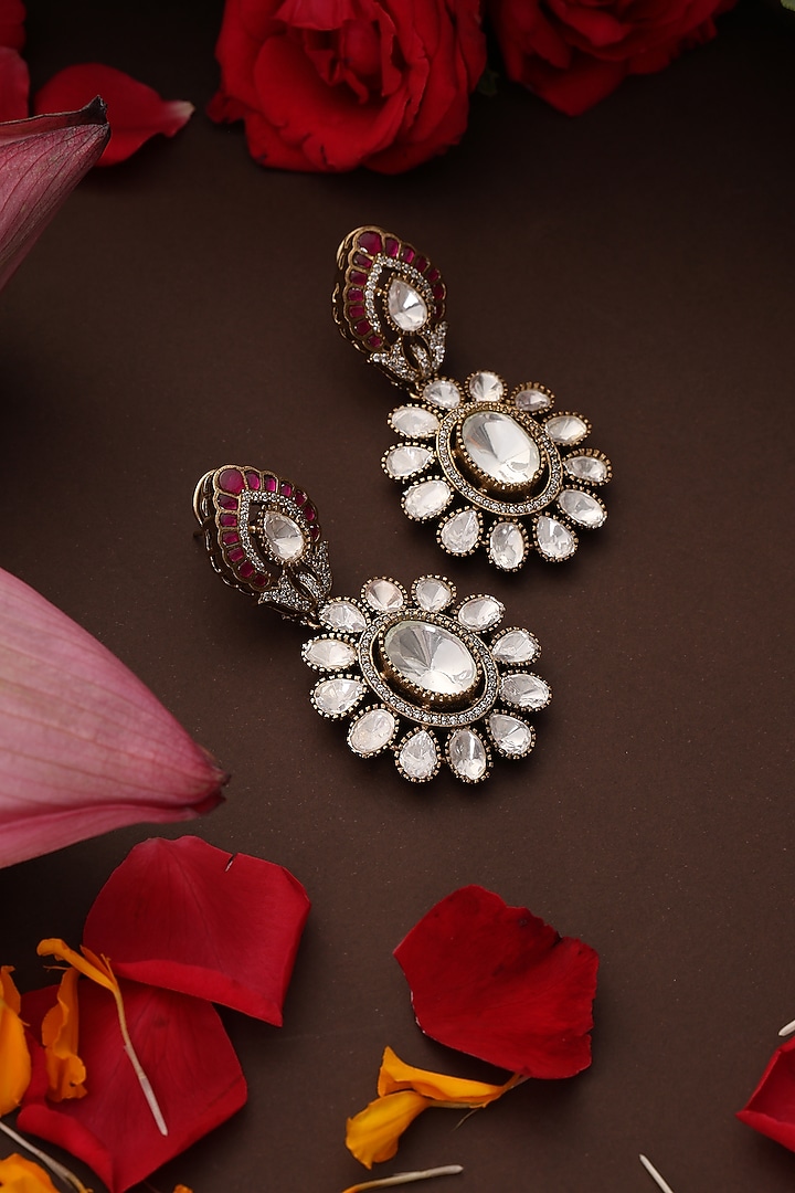Rose Gold Finish Red Kundan Polki Dangler Earrings by Swabhimann Jewellery at Pernia's Pop Up Shop