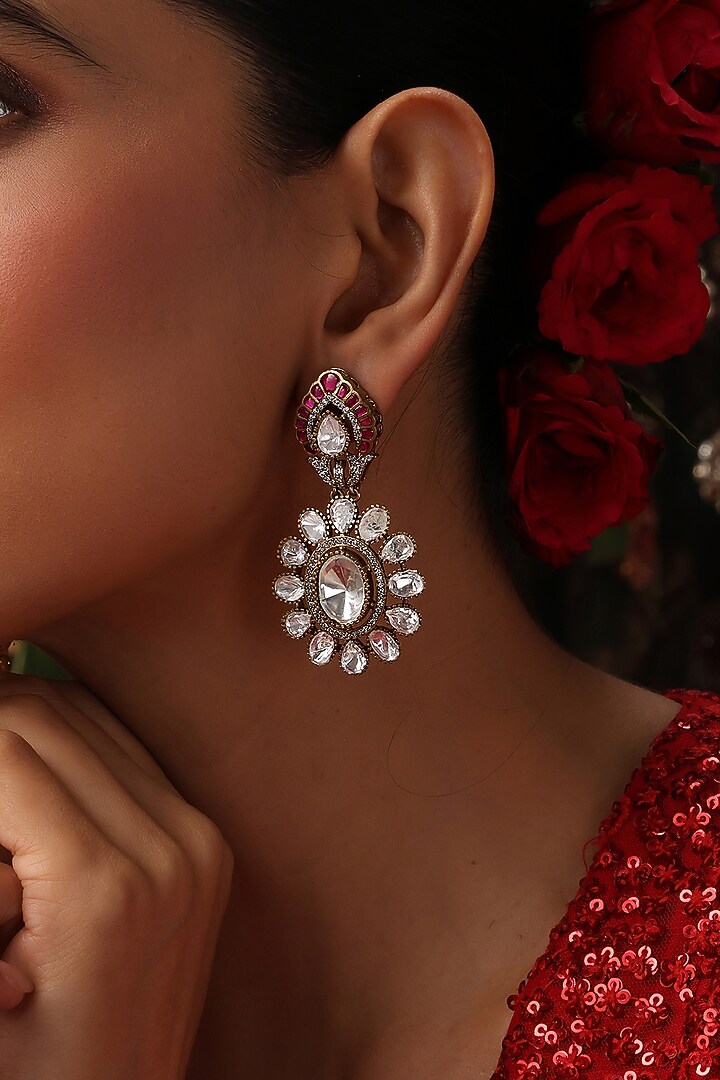 Rose Gold Finish Red Kundan Polki Dangler Earrings by Swabhimann Jewellery at Pernia's Pop Up Shop