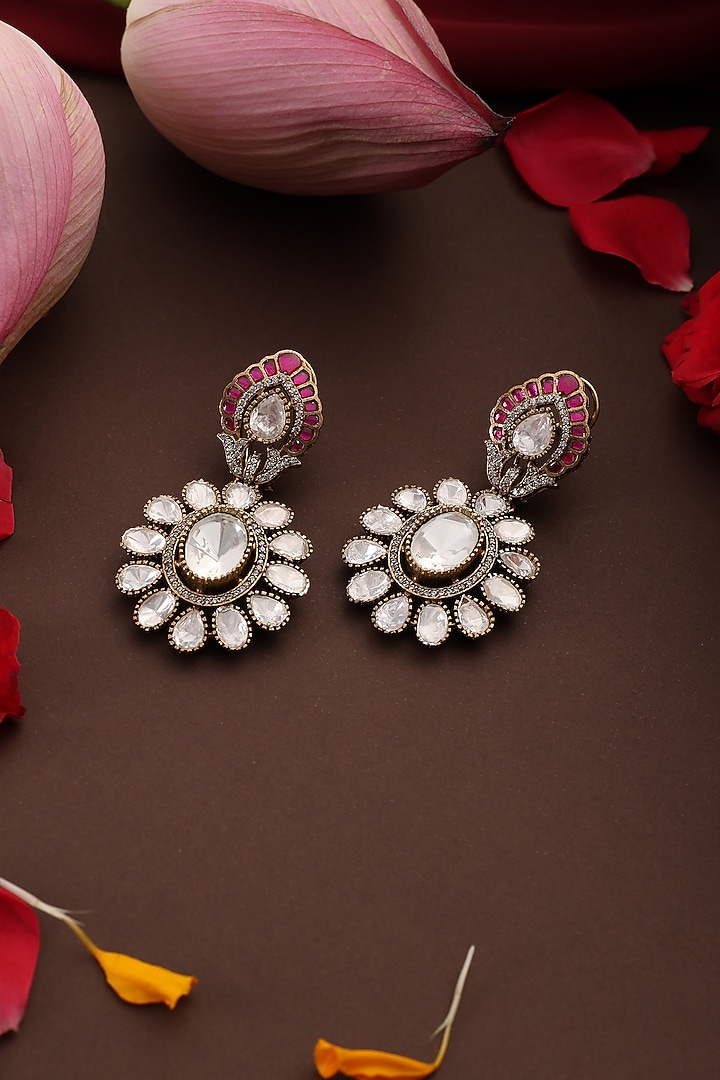 Rose Gold Finish Red Kundan Polki Dangler Earrings by Swabhimann Jewellery at Pernia's Pop Up Shop