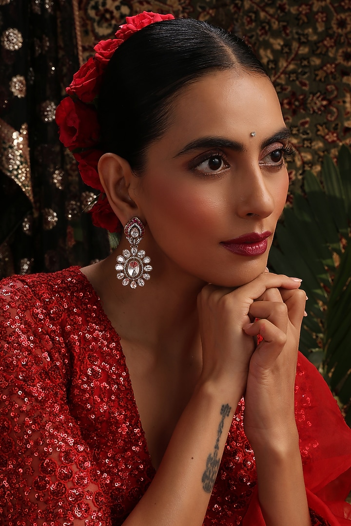 Rose Gold Finish Red Kundan Polki Dangler Earrings by Swabhimann Jewellery at Pernia's Pop Up Shop