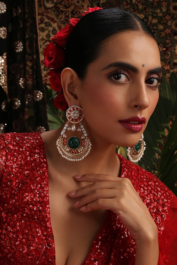 Gold Finish Multi-Colored Kundan Polki Chandbali Earrings by Swabhimann Jewellery at Pernia's Pop Up Shop