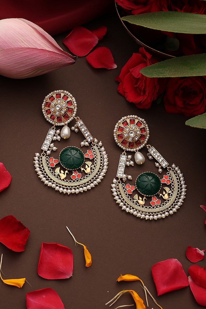 Gold Finish Multi-Colored Kundan Polki Chandbali Earrings by Swabhimann Jewellery at Pernia's Pop Up Shop