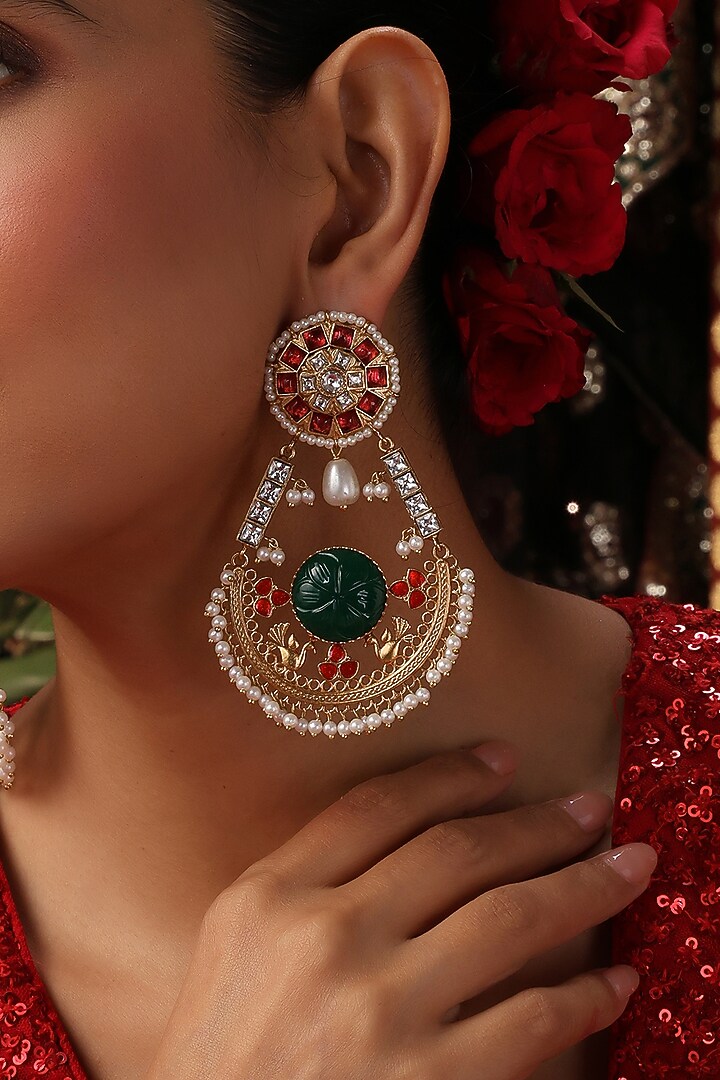 Gold Finish Multi-Colored Kundan Polki Chandbali Earrings by Swabhimann Jewellery at Pernia's Pop Up Shop