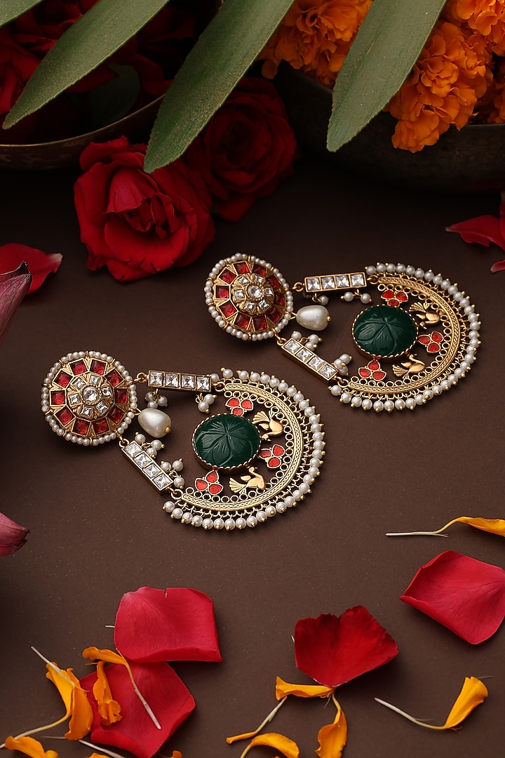 Gold Finish Multi-Colored Kundan Polki Chandbali Earrings by Swabhimann Jewellery at Pernia's Pop Up Shop