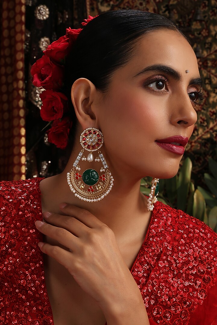 Gold Finish Multi-Colored Kundan Polki Chandbali Earrings by Swabhimann Jewellery at Pernia's Pop Up Shop
