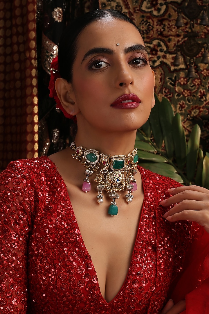 Gold Finish Multi-Colored Kundan Polki & Zircon Choker Necklace by Swabhimann Jewellery at Pernia's Pop Up Shop