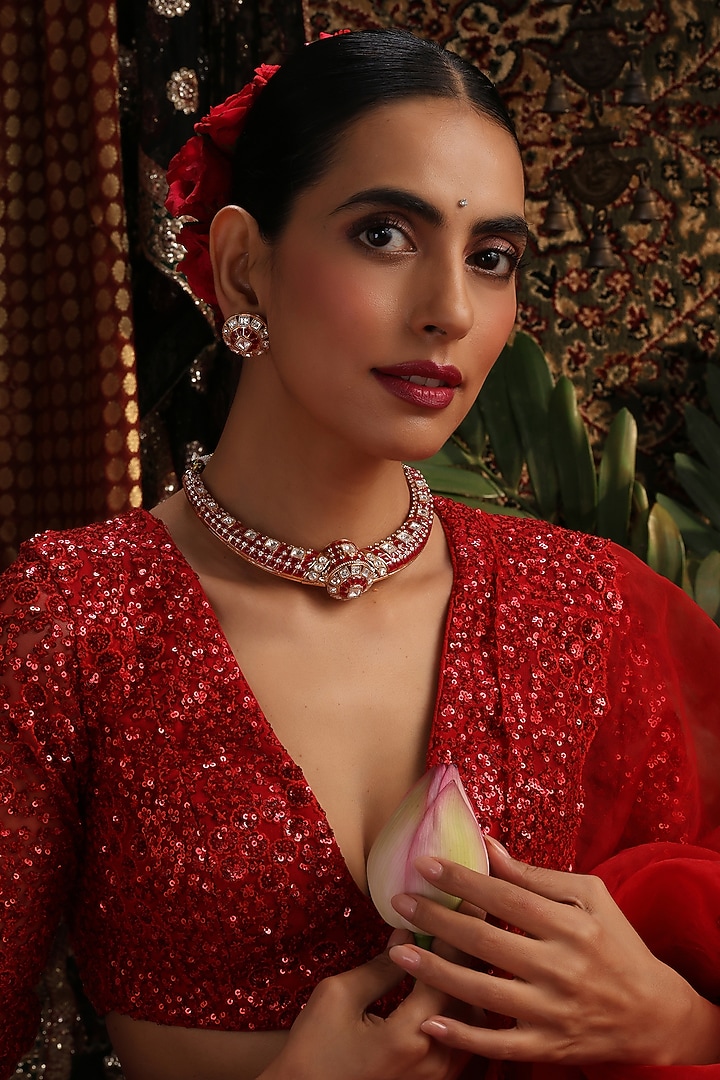 Rose Gold Finish Kundan Polki & Ruby Stone Hasli Necklace Set by Swabhimann Jewellery at Pernia's Pop Up Shop