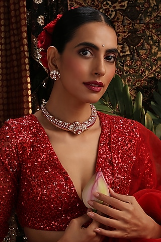 Rose Gold Finish Kundan Polki & Ruby Stone Hasli Necklace Set by Swabhimann Jewellery