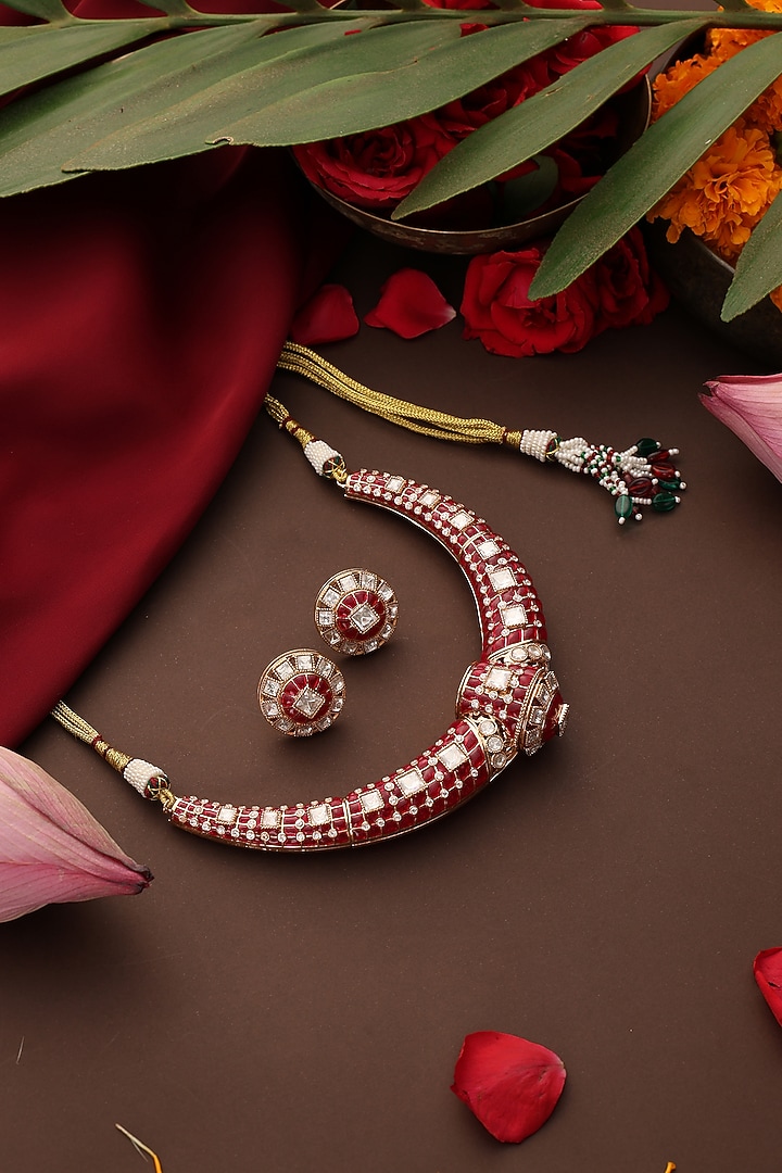 Rose Gold Finish Kundan Polki & Ruby Stone Hasli Necklace Set by Swabhimann Jewellery at Pernia's Pop Up Shop