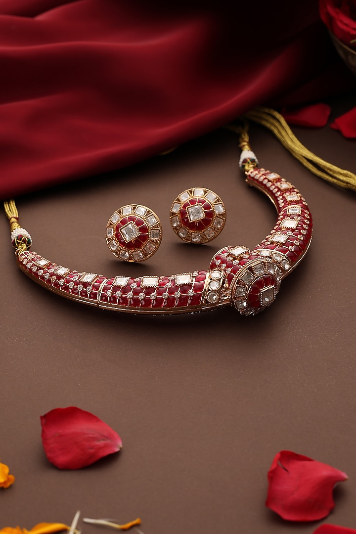 Rose Gold Finish Kundan Polki & Ruby Stone Hasli Necklace Set by Swabhimann Jewellery at Pernia's Pop Up Shop