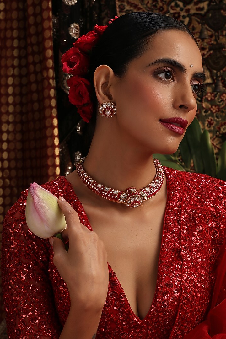 Rose Gold Finish Kundan Polki & Ruby Stone Hasli Necklace Set by Swabhimann Jewellery at Pernia's Pop Up Shop