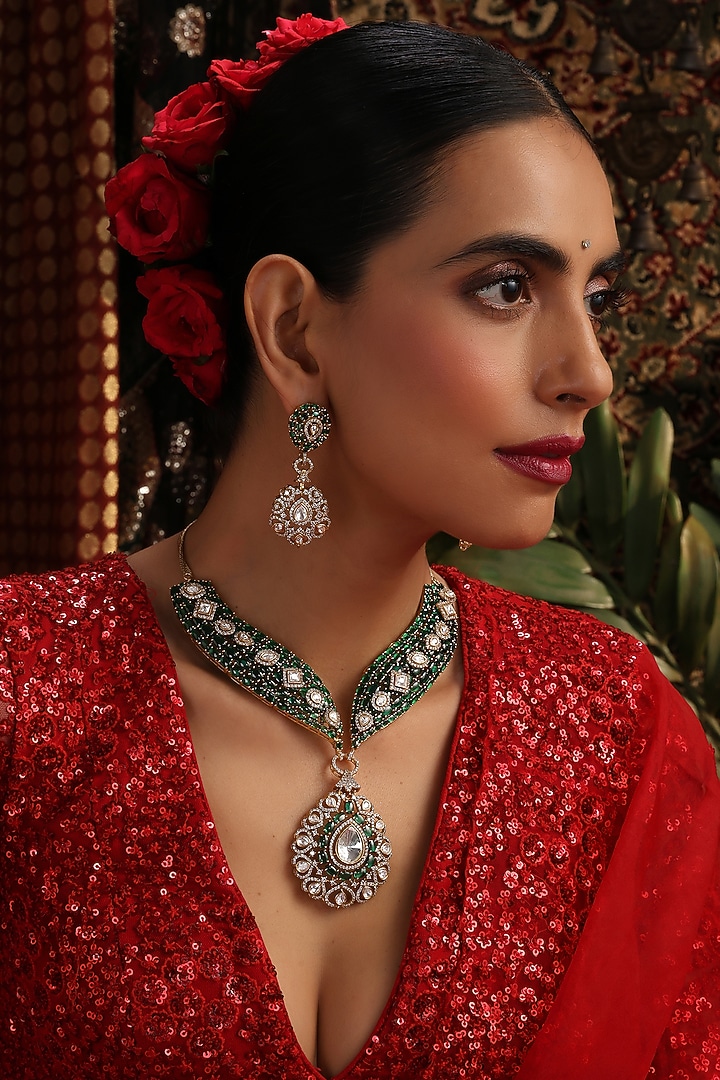 Gold Finish Kundan Polki & Emerald Stone Necklace Set by Swabhimann Jewellery at Pernia's Pop Up Shop
