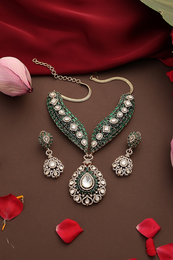 Gold Finish Kundan Polki & Emerald Stone Necklace Set by Swabhimann Jewellery at Pernia's Pop Up Shop