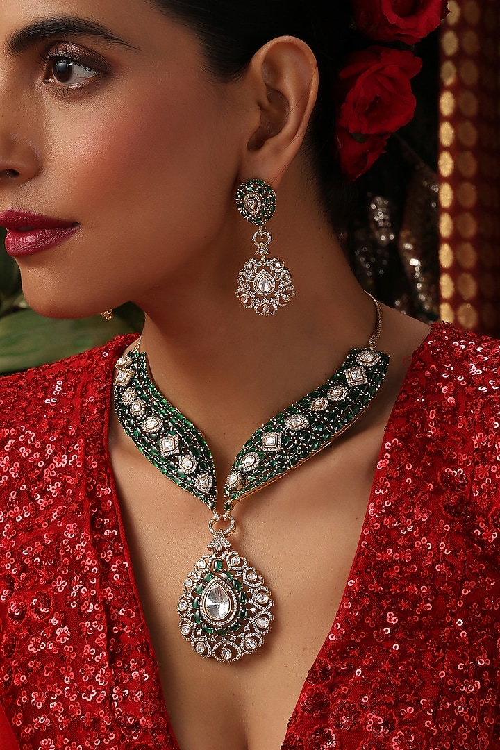 Gold Finish Kundan Polki & Emerald Stone Necklace Set by Swabhimann Jewellery at Pernia's Pop Up Shop